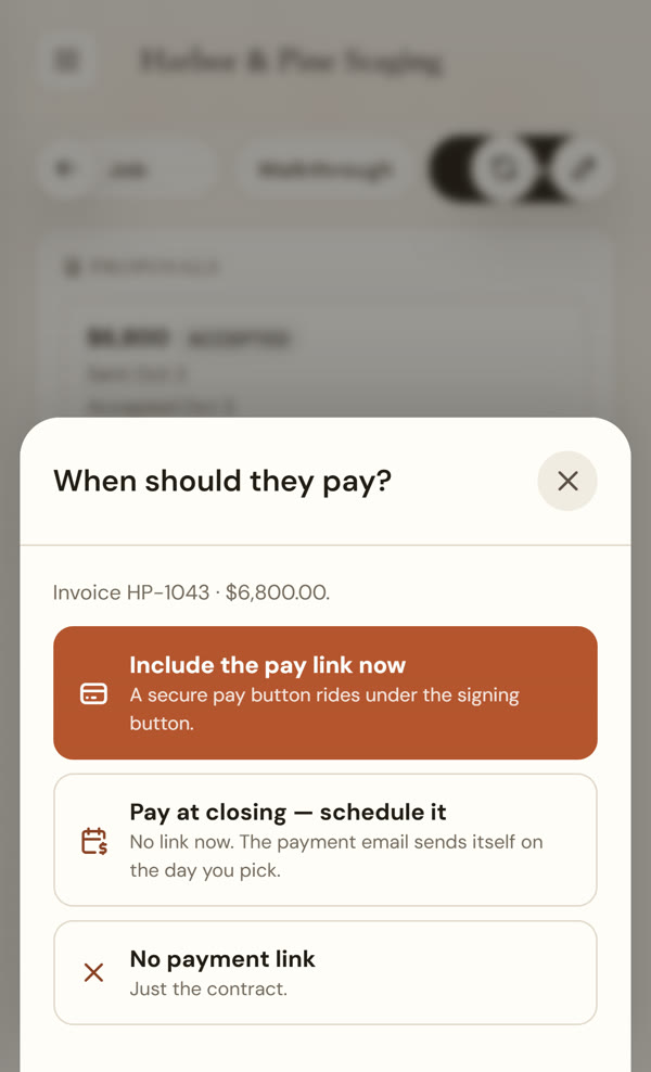 Choosing to include a pay link with the contract so the deposit is paid when it is signed
