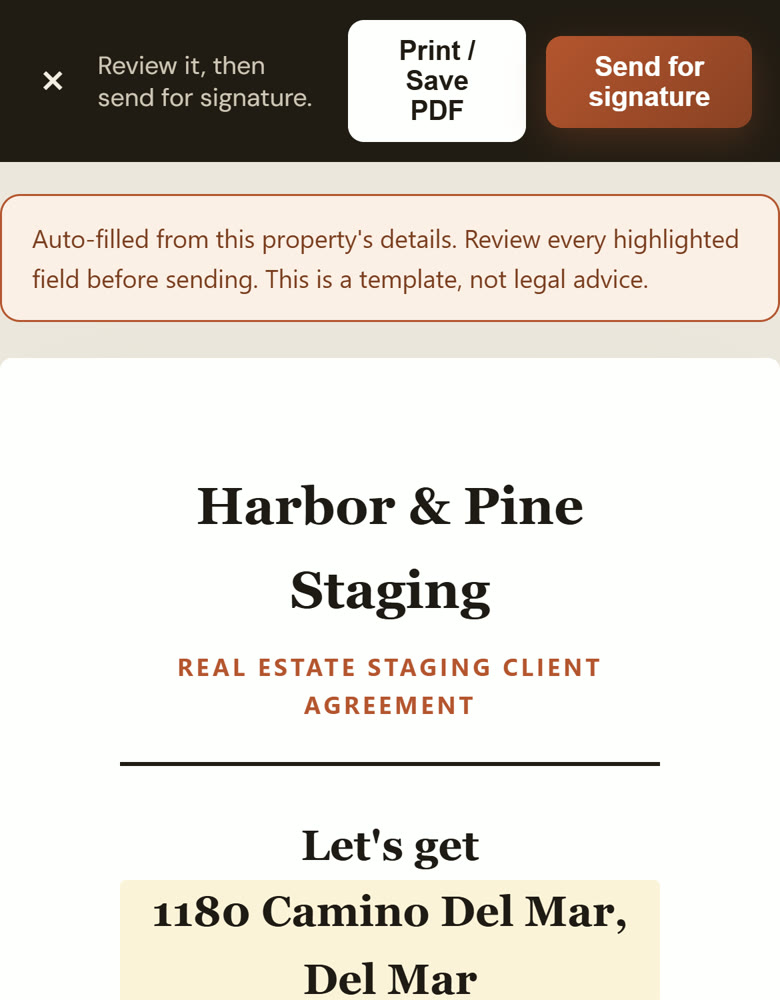 A home staging client agreement filled in from the job, ready to send for signature