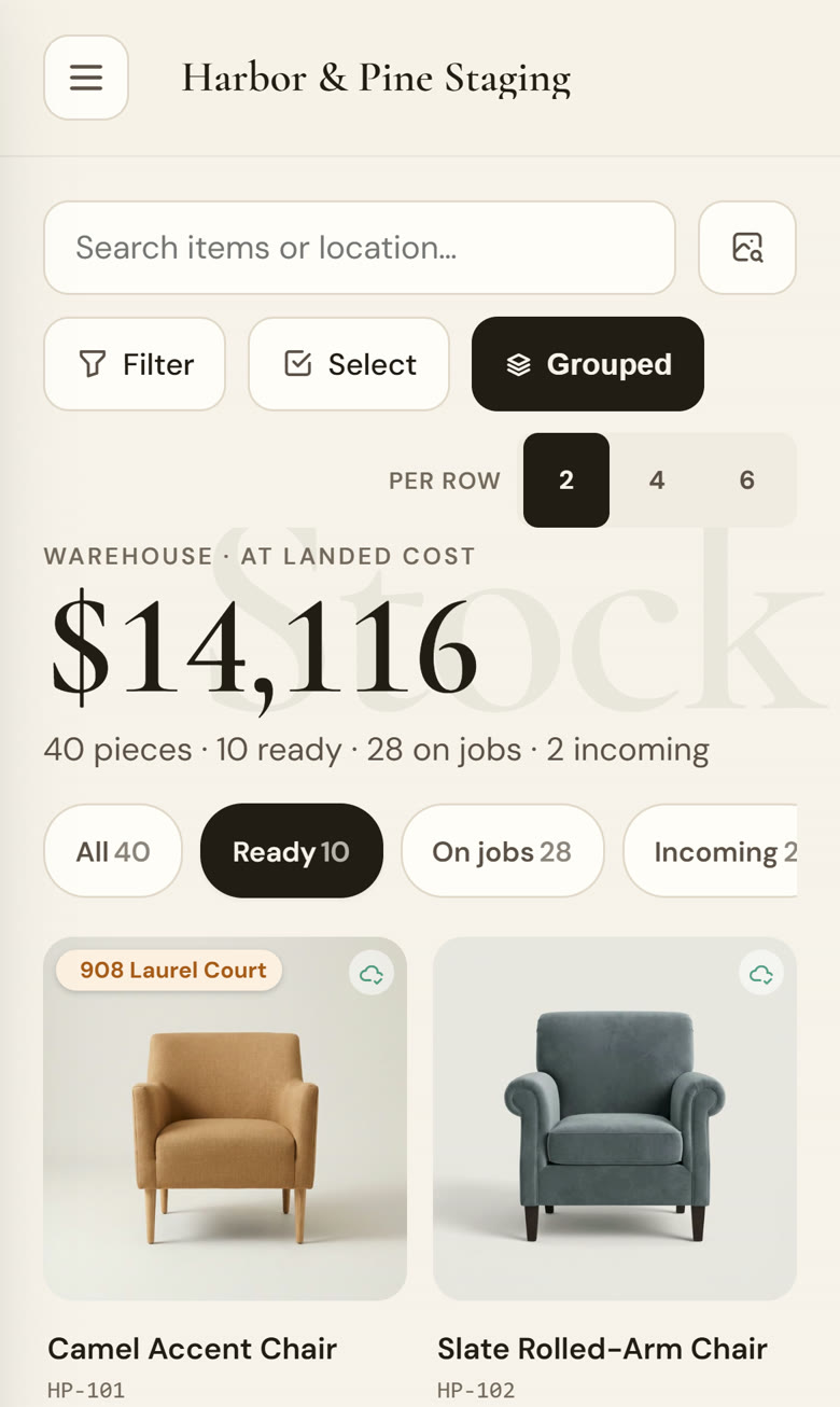 StageEngine inventory on a phone: warehouse value at landed cost, pieces ready, on jobs and incoming, with photos and shelf locations