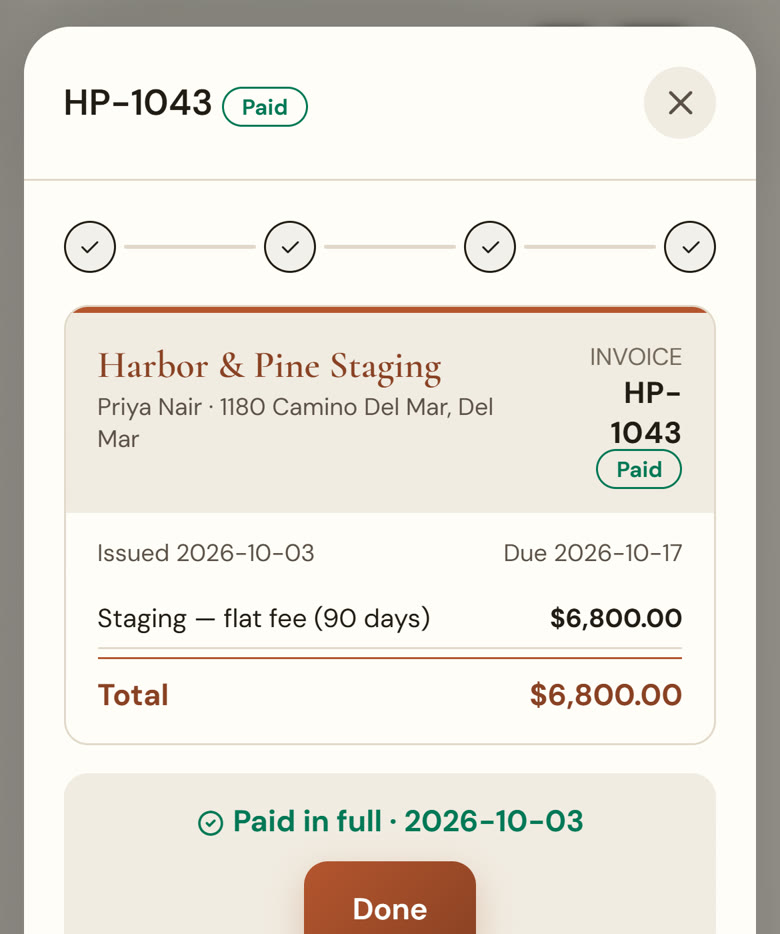 A staging invoice in StageEngine with the studio name, marked paid in full online