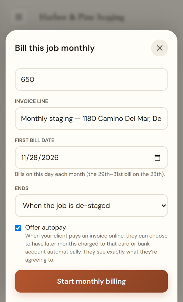 Setting up monthly holdover billing on a staging job, with the autopay option